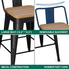 WENTMENT Bar Stools Set of 2 Counter Height Metal Barstools with Removable Back 30" Kitchen Bar Stools with Wooden Seat, Black