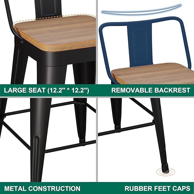 WENTMENT Bar Stools Set of 2 Counter Height Metal Barstools with Removable Back 30" Kitchen Bar Stools with Wooden Seat, Black