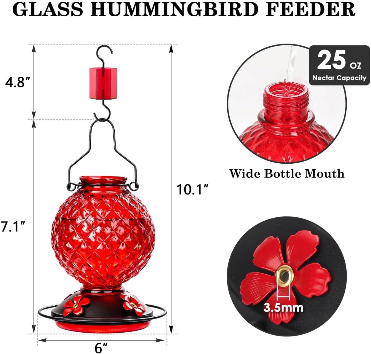 25 OZ Glass Hummingbird Feeder for Outdoors, Leak Proof Hummingbird Feeder with Ant Moat, 4 Bee Resistant Feeding Ports, Easy Clean Wide Mouth Design, Hanging Nectar Feeder, Red
