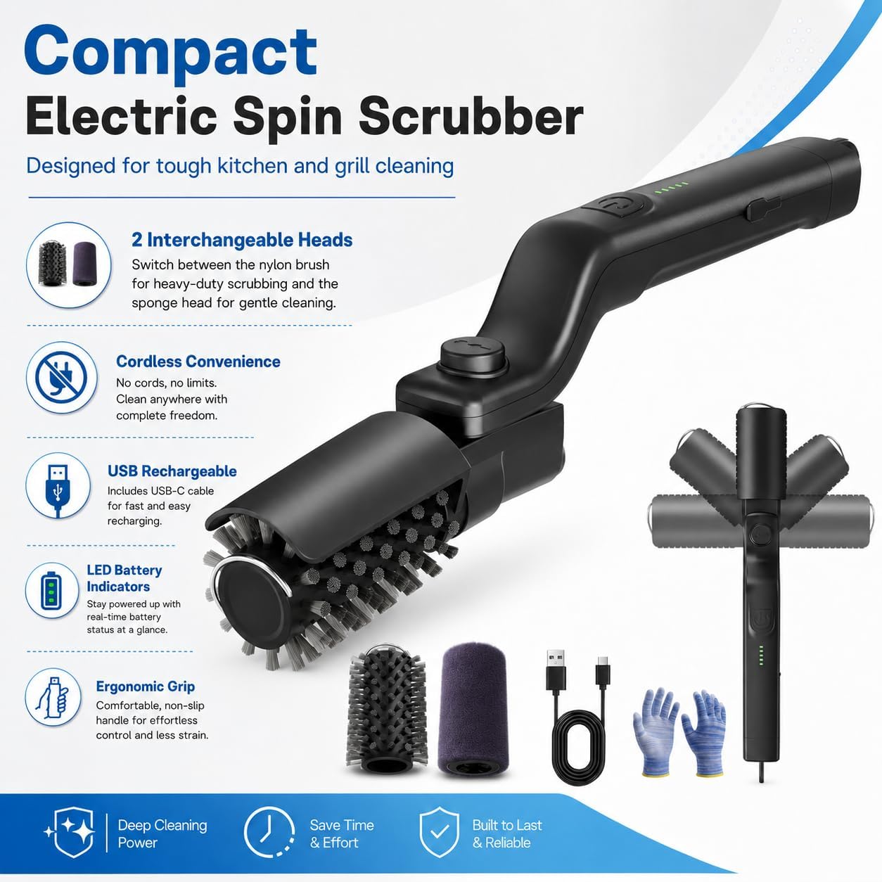 Electric Grill Brush, Spin 2-in-1 Electric Barbecue Brush Grill -Black | 2026 Brush with Bristle & Scouring Roller Heads, USB Rechargeable Grill Electric Brush for Grates, Pots, Sink & Stovetop