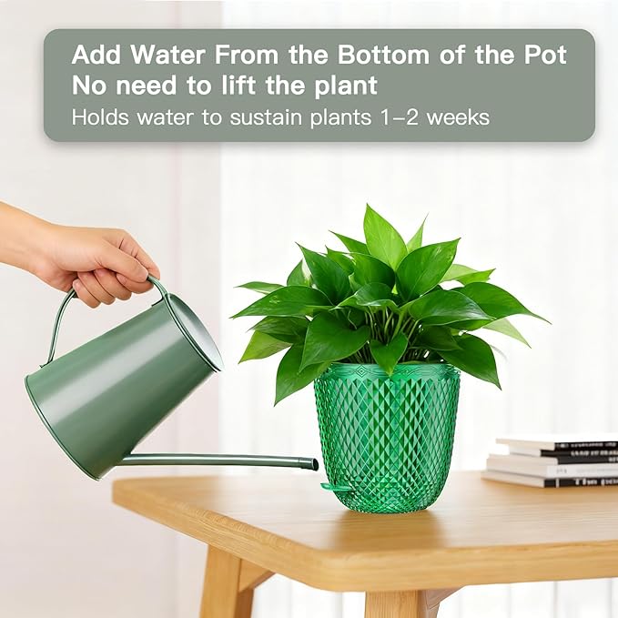QCQHDU 2 Pack Self Watering Pots, 7.2 Inch Flower Pots with Drainage Holes and Water Filling Port, Garden Planter for Indoor Outdoor Plants (Emerald)