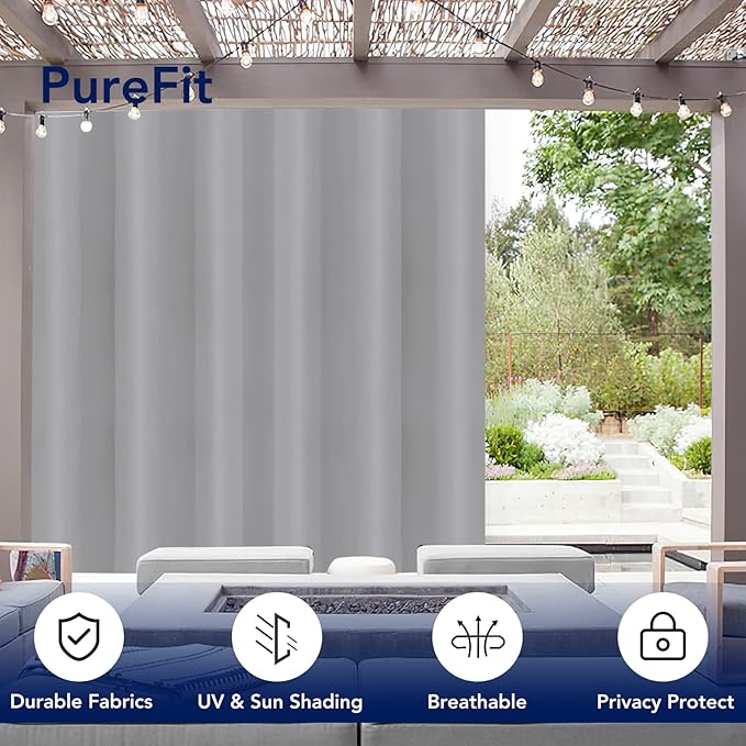 PureFit Outdoor Curtains for Patio Waterproof Weatherproof, UV and Fade Resistant Outside Curtains for Gazebo, Front Porch, Pergola, Sun Blocking Privacy Curtain, 100W x 120L inch, 1 Panel, Light Gray