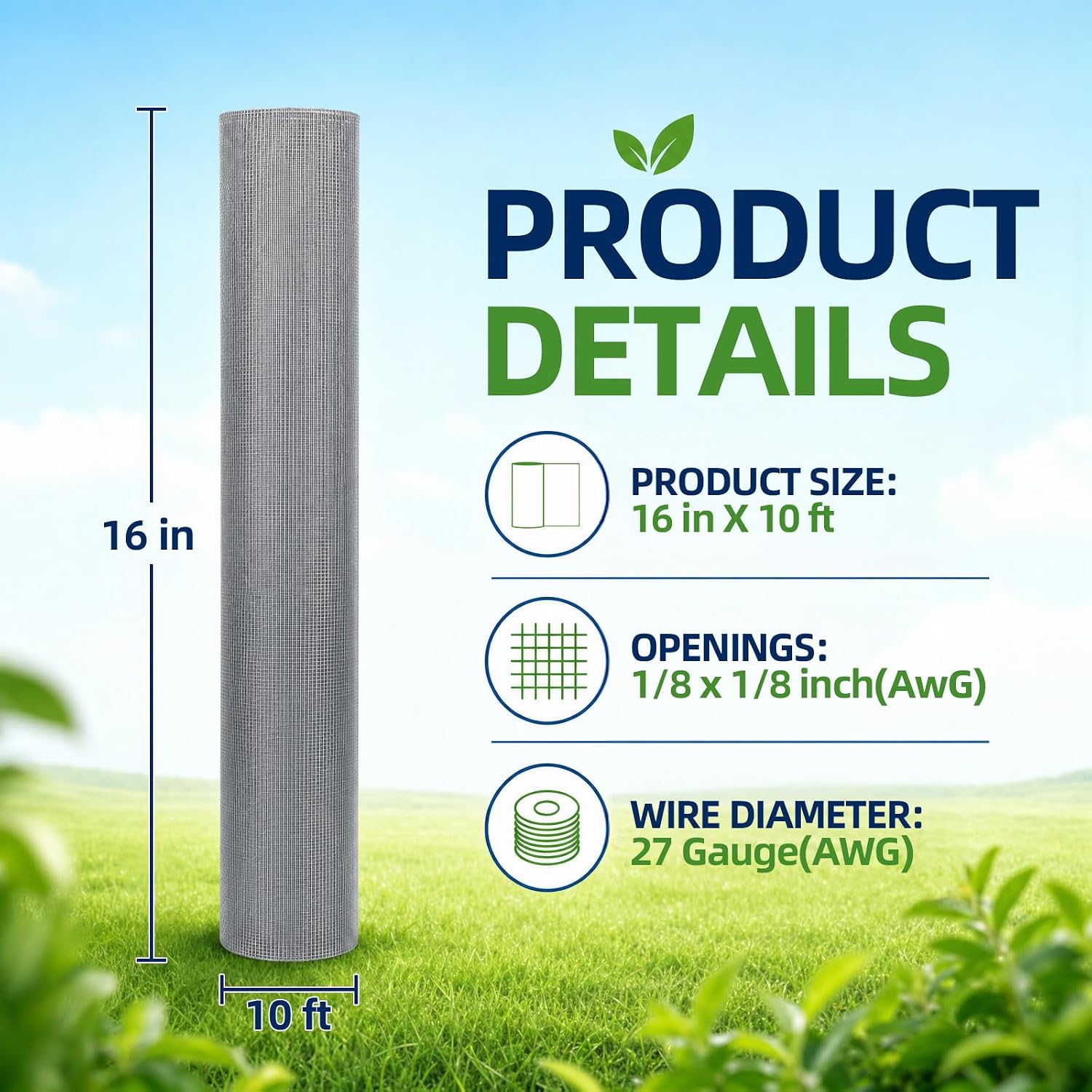 Hardware Cloth 1/8 inch Chicken Wire Mesh Fencing 16" x 10', 27Ga | Hot-Dip Galvanized Steel Fence Wire Mesh for Bee Screen Poultry Netting Plant Supports