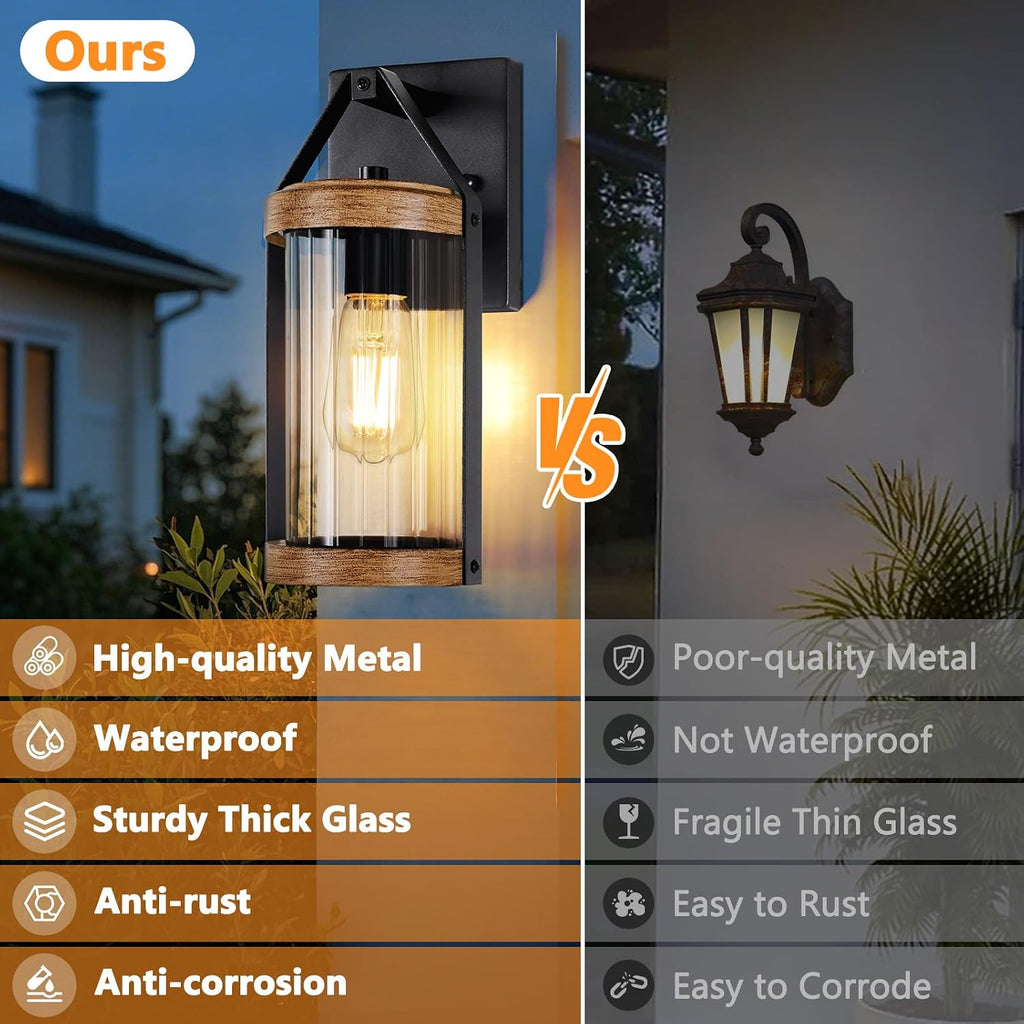 2-Pack Outdoor Light Fixtures, Waterproof Modern Exterior Wall Lantern Porch Lights, Black Wall Sconce with Clear Ribbed Glass, Outside Light with Wood Texture for House, Bulbs Not Included