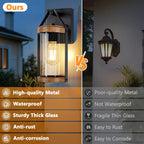 2-Pack Outdoor Light Fixtures, Waterproof Modern Exterior Wall Lantern Porch Lights, Black Wall Sconce with Clear Ribbed Glass, Outside Light with Wood Texture for House, Bulbs Not Included