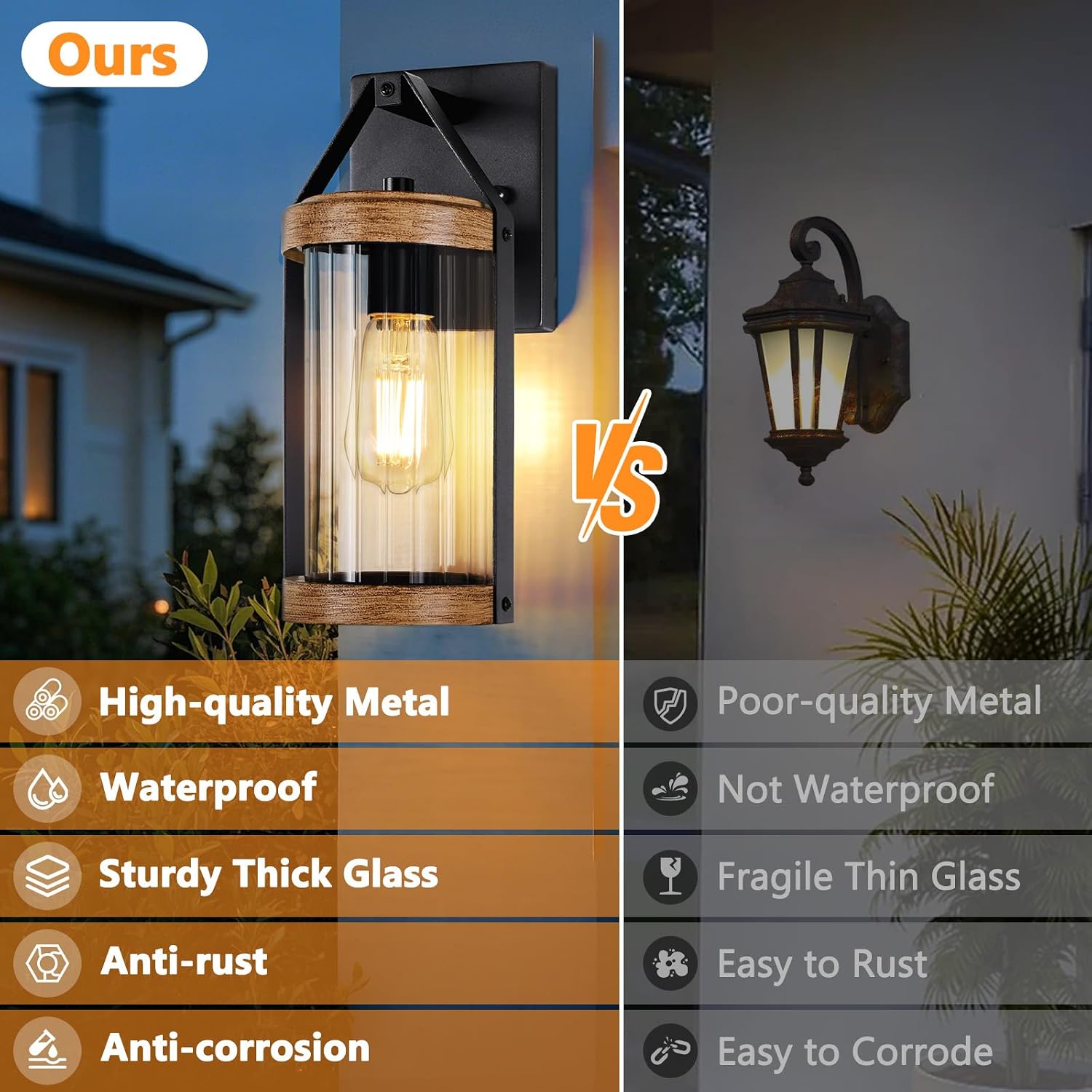 2-Pack Outdoor Light Fixtures, Waterproof Modern Exterior Wall Lantern Porch Lights, Black Wall Sconce with Clear Ribbed Glass, Outside Light with Wood Texture for House, Bulbs Not Included