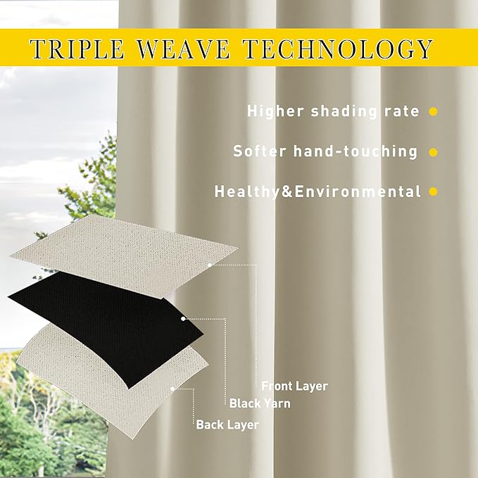 NICETOWN 2 Panels Outdoor Curtains for Patio Waterproof & Windproof, Thermal Insulated Top & Bottom Grommet & Back Tab Sun Blocking Outdoor Drapes with Fixed Rope for Gazebo, Beige, W66 x L90