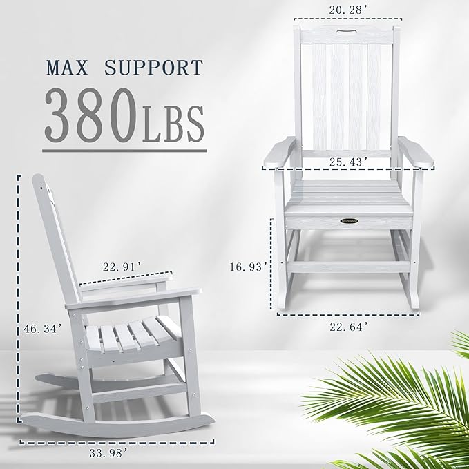 Oversized Rocking Chair Set of 2, Outdoor Rocking Chair for Adults, All Weather Resistant Porch Rocker for Lawn Garden, White