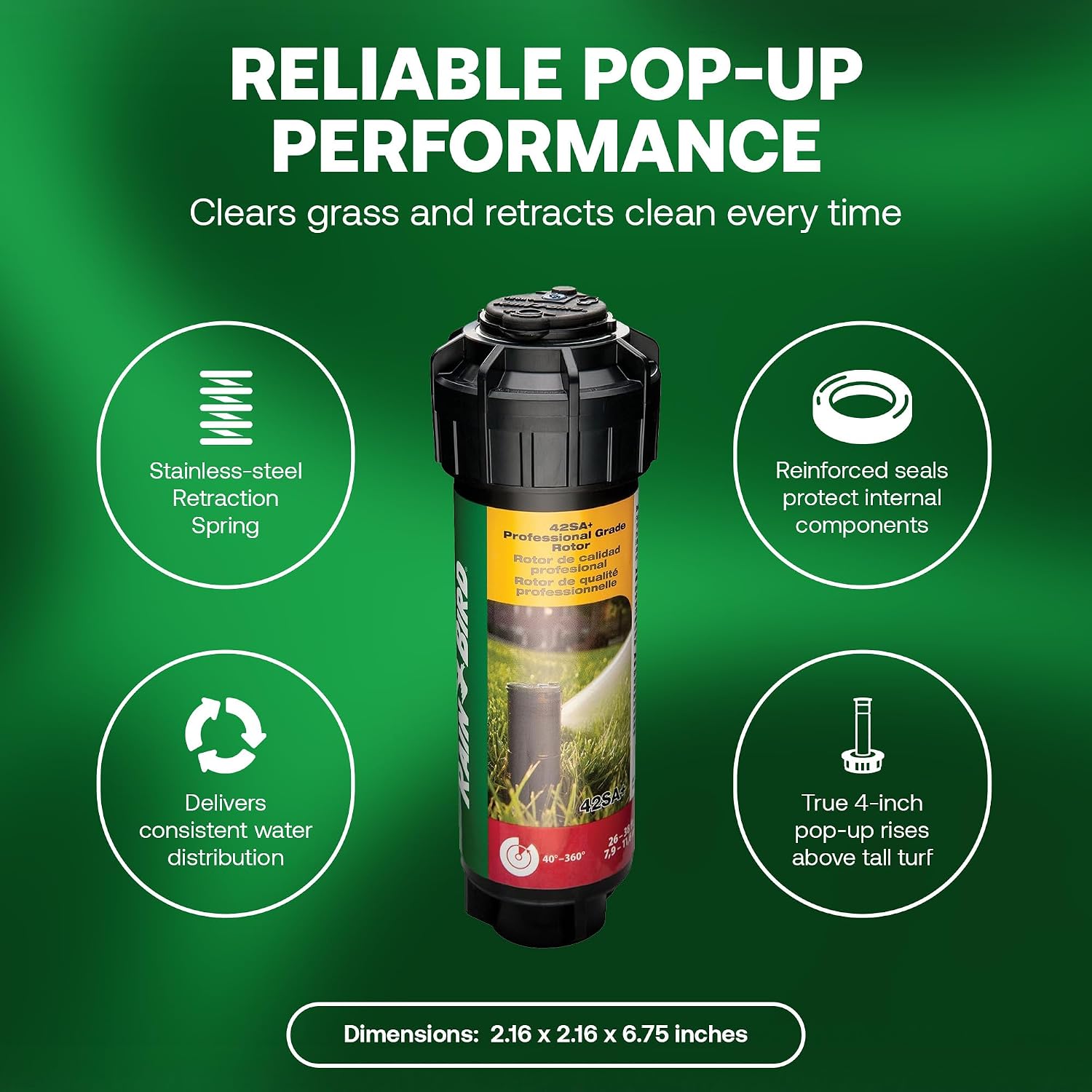 Rain Bird 42SA+ Heavy Duty Simple Adjust Gear Driven Rotor Sprinkler Head, 4 Pack - Water Efficient 4 inch Pop Up Lawn Sprinkler with 3/4 inch NPT, Adjustable 40-360 Degree Arc & 26-38 ft Radius | Heavy Duty 3/4 inch Inlet - Water Efficient 4 inch Pop Up