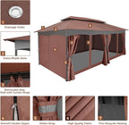 COBIZI Gazebo 12x20 Heavy Duty Gazebos with Curtain and Netting Outdoor Gazebo Canopy Double Roof Patio Gazebos with Metal Steel Frame for Patio, Deck, Backyard-Brown