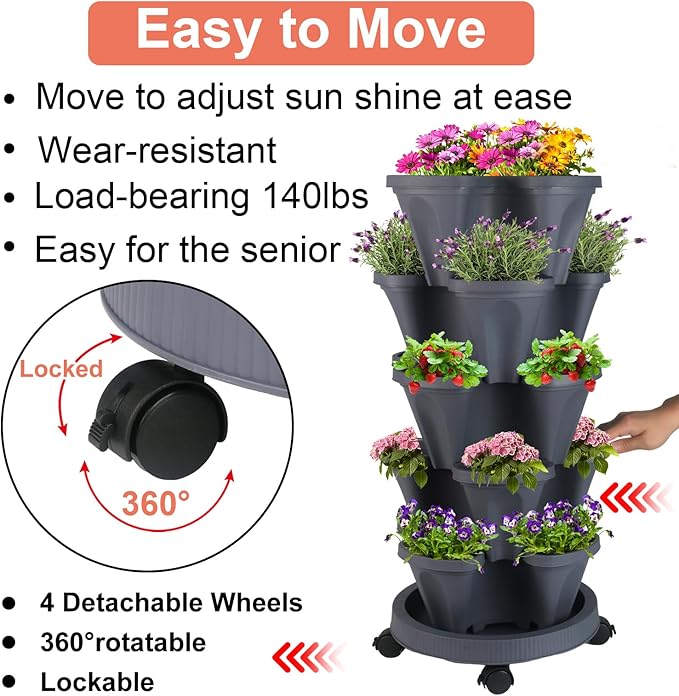 GameXcel Vertical Planter 5 Tier Stackable Planters Garden Planters Strawberry Herb Flower and Vegetable Planter Indoor Outdoor Gardening Pots with Removable Wheels and Tools