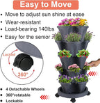 GameXcel Vertical Planter 5 Tier Stackable Planters Garden Planters Strawberry Herb Flower and Vegetable Planter Indoor Outdoor Gardening Pots with Removable Wheels and Tools
