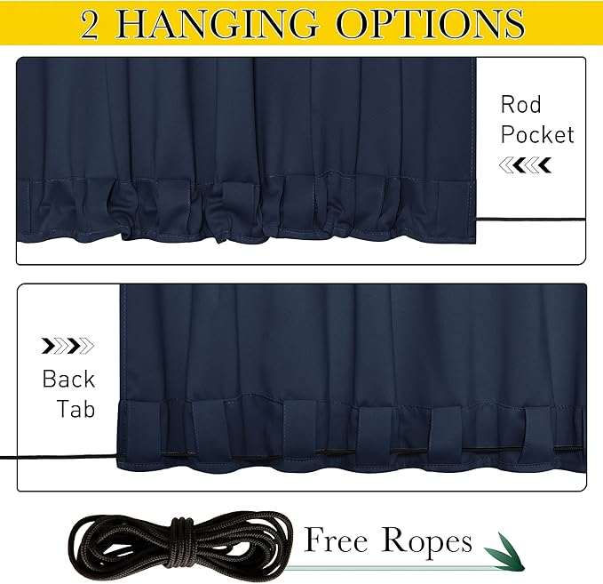 NICETOWN 2 Panels Outdoor Curtains Waterproof Extra Long 84" for Patio, Windproof Top & Bottom Grommet & Back Tab Weighted Blackout Outdoor drapes Keep Privacy with Rope for Fixed, 84" Wide, Navy Blue