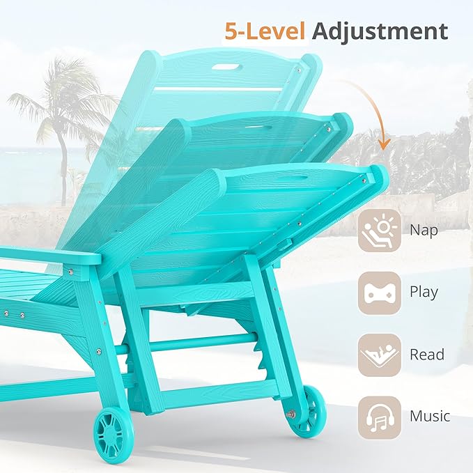 LUE BONA Outdoor Chaise Lounge Chairs Set of 4, 79'' Oversized HDPS Chaise Lounger, 5 Positions Adjustable Lounge Chairs, Pool Lounge Chair with Wheels for Poolside, 3 Year Warranty, Aruba Blue