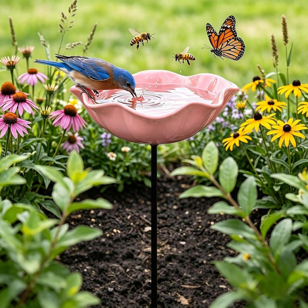 Handmade Metal Flower Garden Stake Bird Bath Bowl Butterfly Feeders,Hummingbird Bath Bee Watering Station for Garden Yard Decorative Garden Stakes (Pink-1pc)