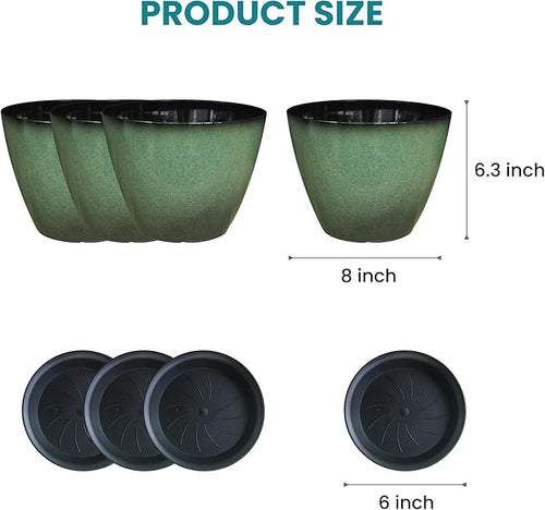 4 Pack 8 inch Plant Pots, Plastic Planter for Indoor Outdoor Plant with Drainage Holes and Saucers, Flower Pots for Garden Home Decor(Green, 4pcs)