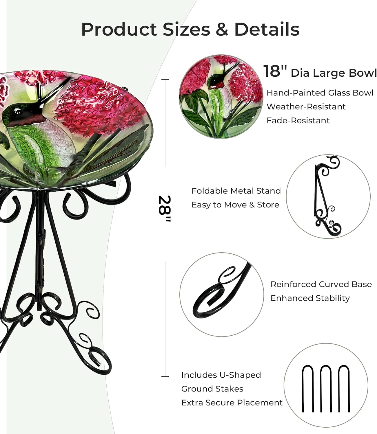 Large Glass Bird Bath with Metal Stand, Hummingbird | 18" Wide Bowl, 3.2" Bathing Depth, Thick Glass Construction, Stable 3-Leg Base, Easy Clean Surface, Garden Decor