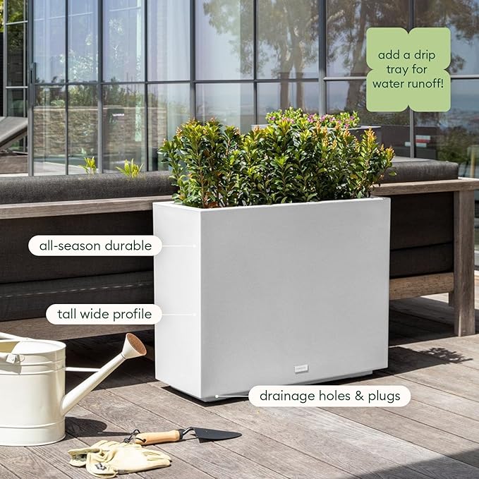 Veradek Block Series Span Plastic Planter - Tall Rectangular Planter for Indoor or Outdoor Patio/Porch | Durable All-Weather with Removable Insert Bucket | Modern Design for Plants, Flowers, Garden
