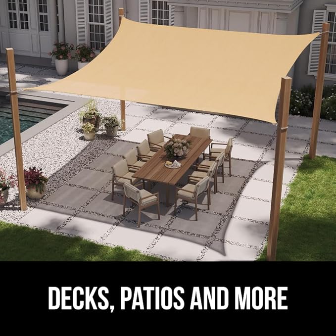 GORILLA GRIP Heavy Duty Sun Shade, UV Protection Fade Tear and Rust Resistant Rectangle Sunshade Canopy, Curved Edges Blocks Sunlight, Breathable Sail, Outdoor Patio, Lawn Garden, 12x12x12, Sand
