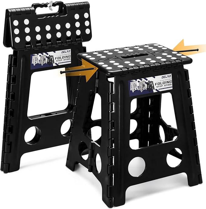 Delxo 16 Inch Folding Step Stool,Foldable Stool for Adults with Safety Lock,Portable Collapsible Plastic Stepstool,Non Slip Folding Stools for Kitchen Bathroom Bedroom Up to 400LBS,(Black 1PC)