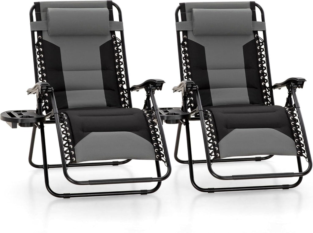 MFSTUDIO Padded Zero Gravity Chair, Cup Holder, Set of 2, 28in Seat, Grey | Outdoor Foldable Recliner, Removable Cup Holder, 28in Seat, Armrest Included, Holds Up to 400 LBS