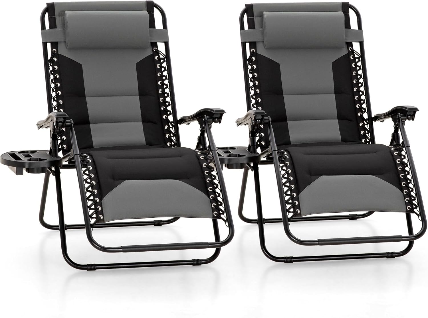 MFSTUDIO Padded Zero Gravity Chair, Cup Holder, Set of 2, 28in Seat, Grey | Outdoor Foldable Recliner, Removable Cup Holder, 28in Seat, Armrest Included, Holds Up to 400 LBS