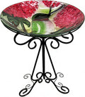 Large Glass Bird Bath with Metal Stand, Hummingbird | 18" Wide Bowl, 3.2" Bathing Depth, Thick Glass Construction, Stable 3-Leg Base, Easy Clean Surface, Garden Decor