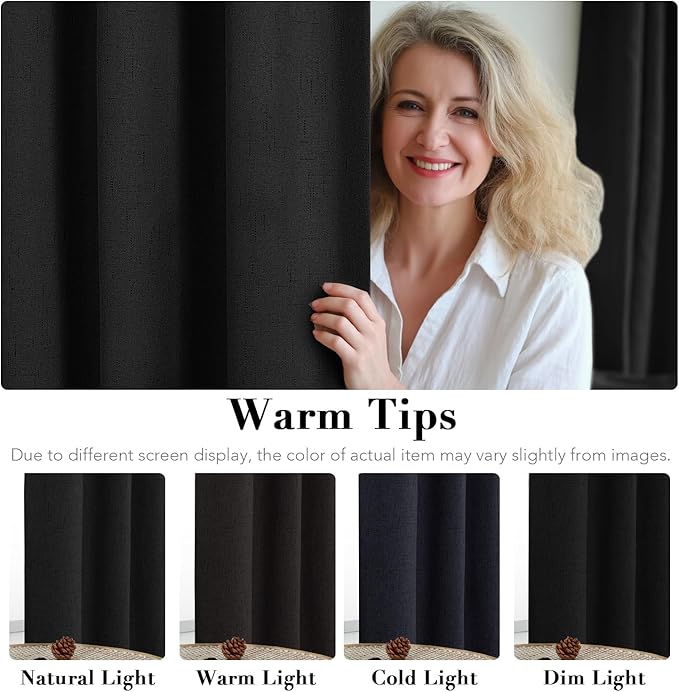 H.VERSAILTEX 100% Blackout Curtains for Bedroom Thermal Insulated Linen Textured Curtains Heat and Full Light Blocking Drapes Living Room Curtains 2 Panel Sets, Black, 52x45 Inch