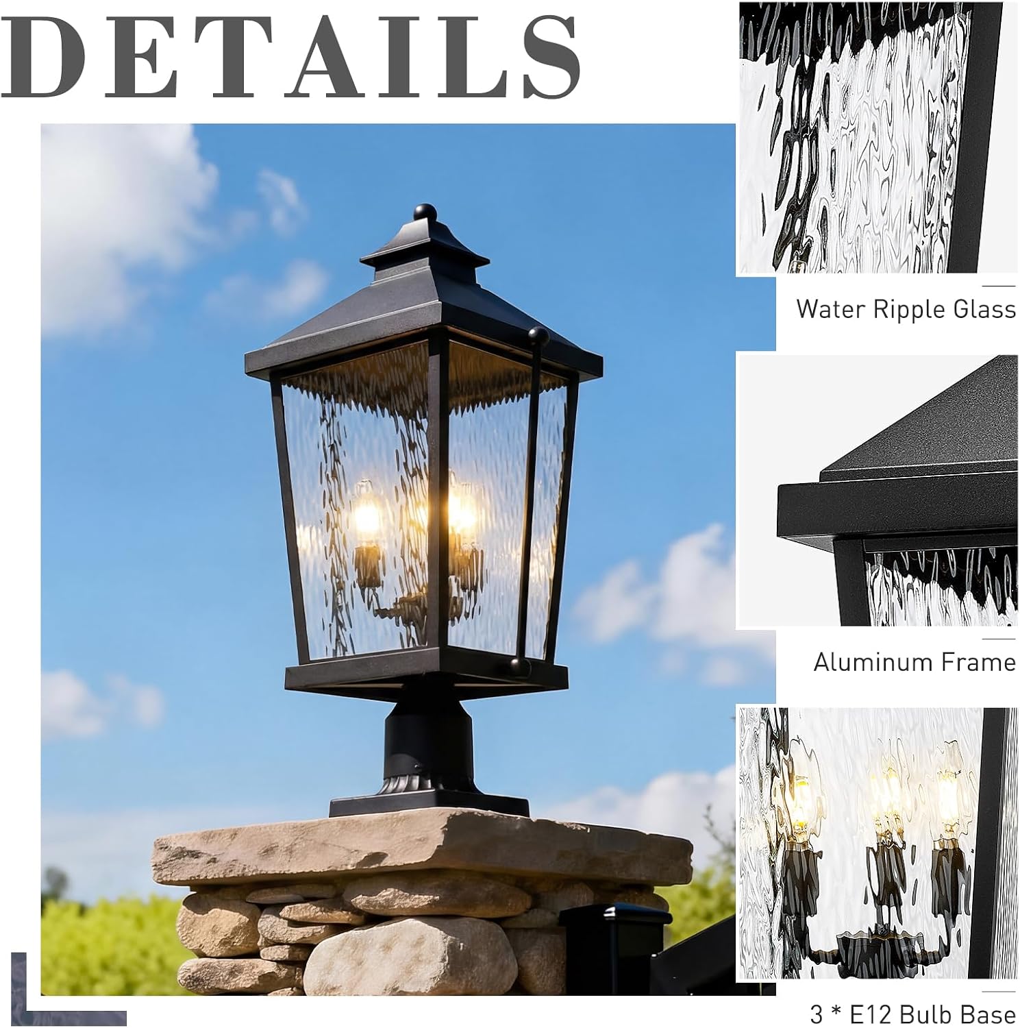 zeyu 26 Inch Outdoor Post Lights, 3 Light Lamp Post Light Fixture Hardwired, Large Waterproof Lamp Pillar Fixtures for Pathway, Water Ripple Glass Shade, Black Finish, ZW105P-L BK-SW