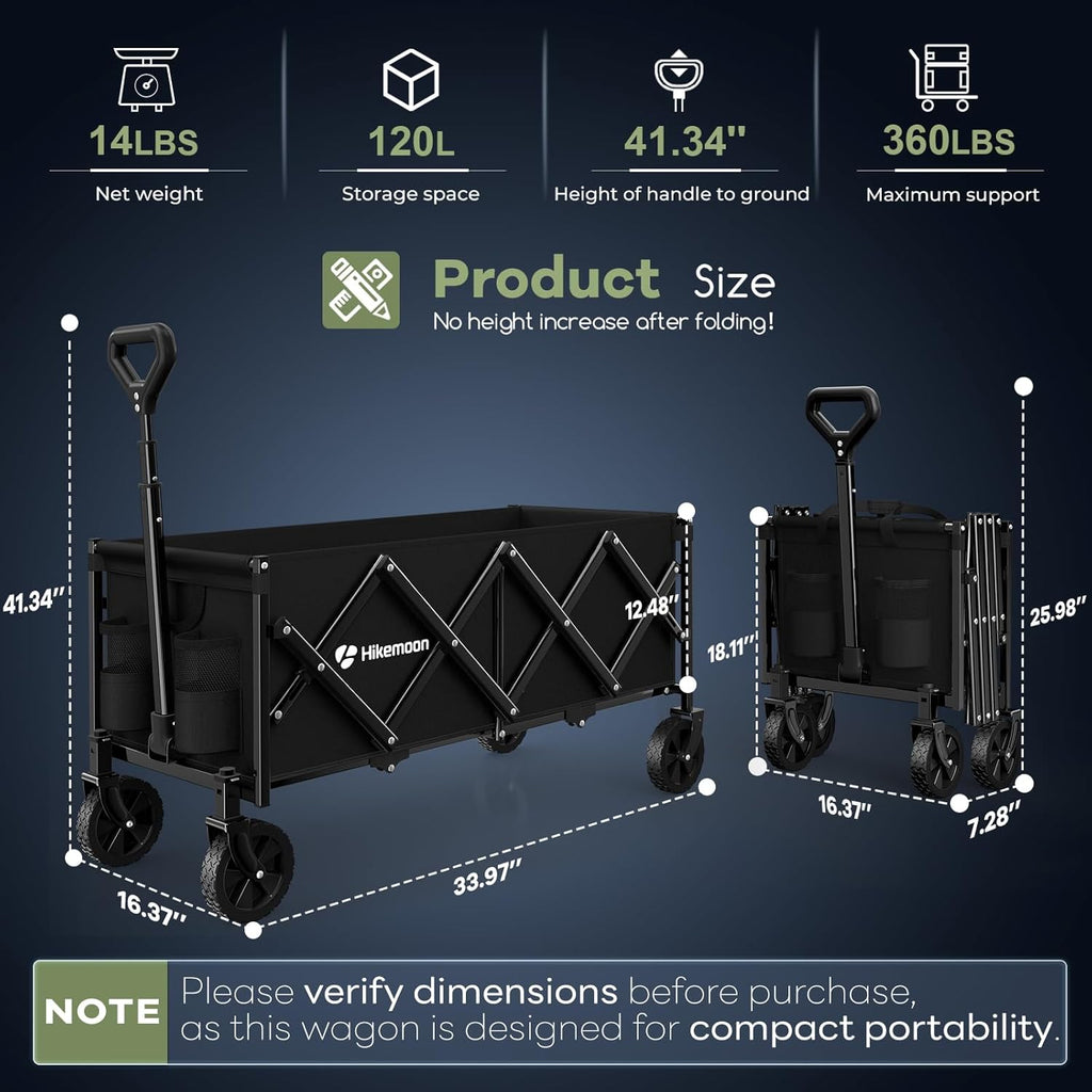 hikemoon 34'' extra long folding portable wagon cart, side view
