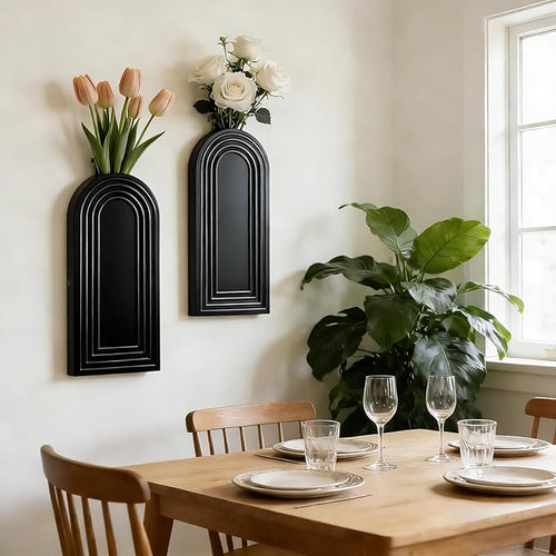 2 Pack Wooden Wall Vase Set, Boho Hanging Planter for Indoor Plants & Flowers, Wood Wall-Mounted Planters for Living Room, Modern Farmhouse Entryway or Bathroom, Rustic Art for Home (Black)