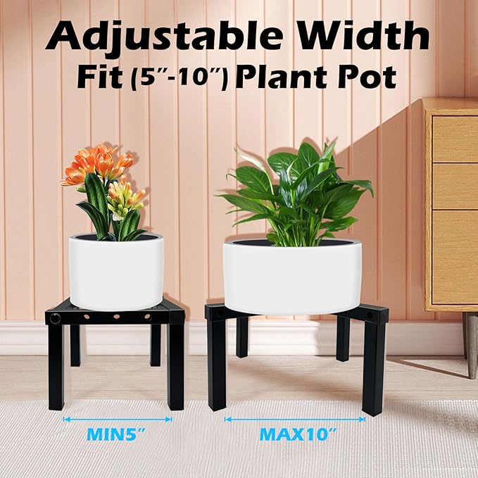 4 Pcs Four Legs Adjustable Metal Plant Stand for 5"-10" Plant Pot – Indoor & Outdoor (Black, 4 Pack)