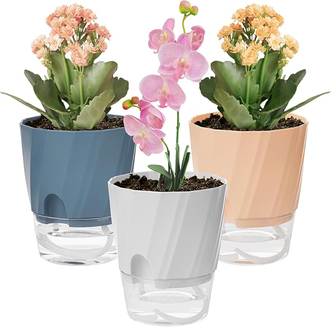 KIMCHOMERSE Self Watering Plant Pots, 4.7 Inch Plant Pots 6-Pack Indoor Planter Pots with Drainage Holes and Tray for Home Decor（2White, 2Pink, 2Blue）