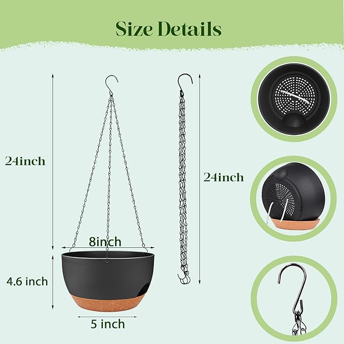 Set of 4-8 Inch Self Watering Hanging Planters for Indoor Outdoor，Hanging Plant Pots with Drainage & Removable Tray, Hanging Pots Holder for Ivy, Pothos, Ferns, Balcony & Patio, Black Brown