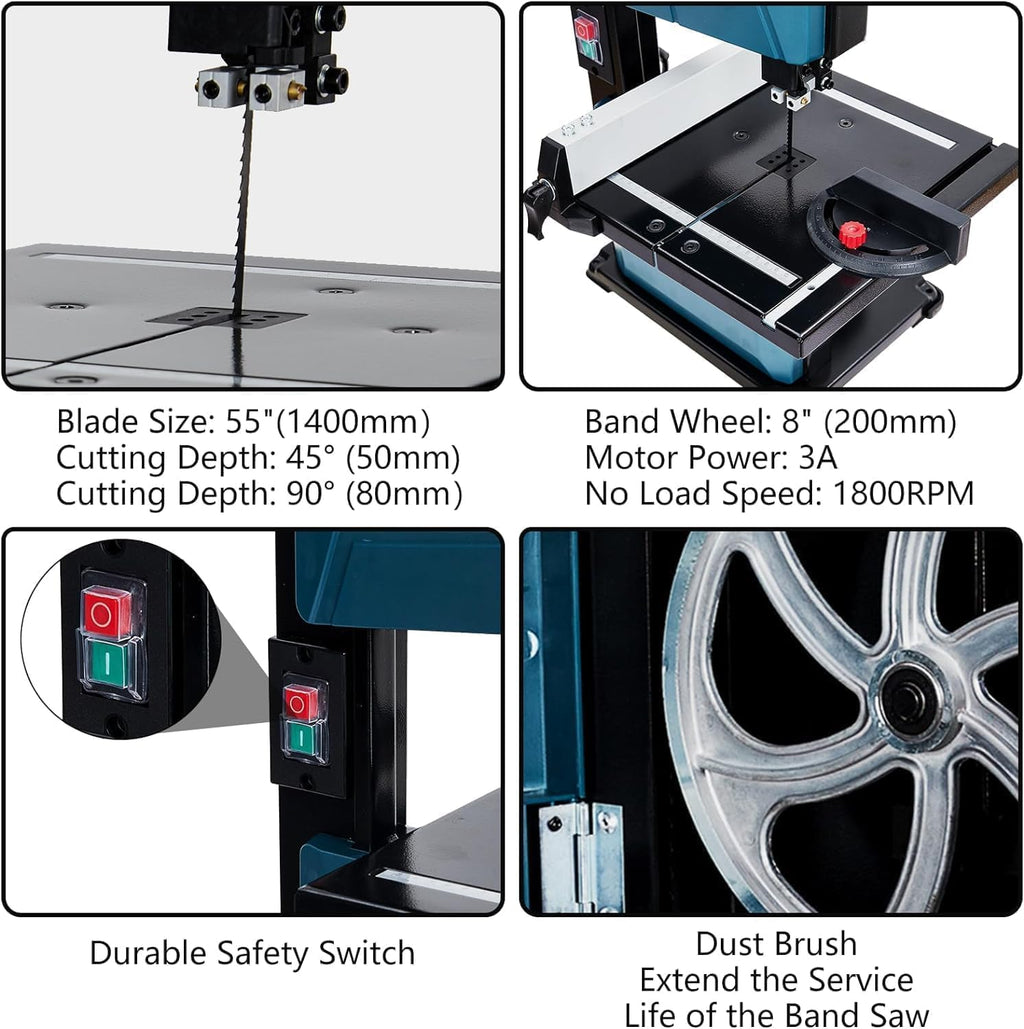 towallmark bandsaw,3-amp & 8-inch band saw, 1800fpm benchtop, close-up detail