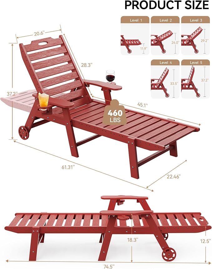 Carauci Lounge Chair Outdoor Set of 2, HDPE Chaise Lounge with Wheels, 5-Position Adjustable Backrest & 2 Cup Holders Patio Lounge Chair, All-Weather Pool Sun Lounger for Poolside, Backyard, Red