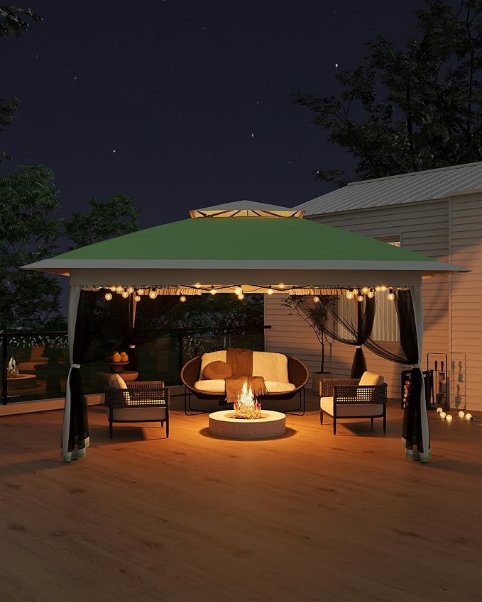 Canopy Tent 13x13 ft, Pop Up Gazebo One-Push Setup with 4 SandBags for Backyard Parties and BBQs, Mosquito Netting & Height Adjustable - Olive Green