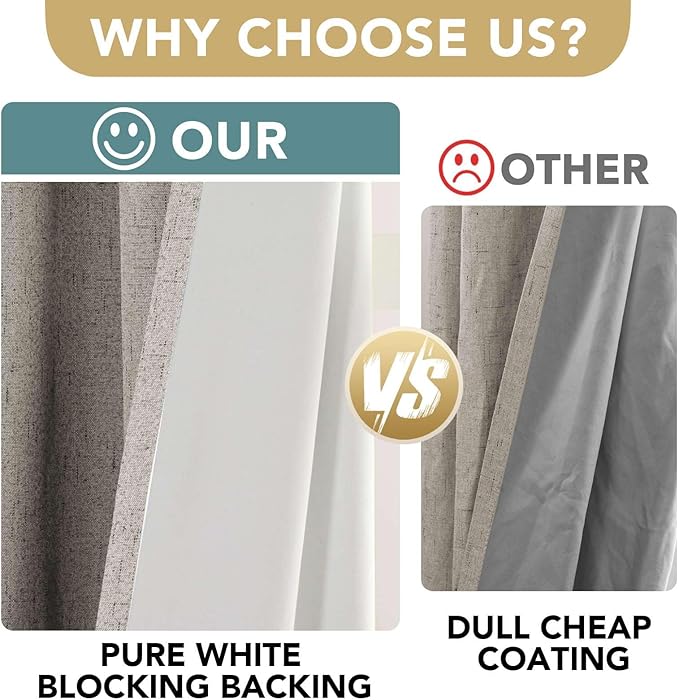 H.VERSAILTEX Linen Blackout Curtains 63 Inches Long 100% Absolutely Blackout Thermal Insulated Textured Linen Look Curtain Draperies Anti-Rust Grommet, Energy Saving with White Liner, 2 Panels, Stone