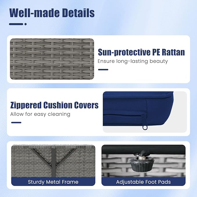 LDAILY Moccha Outdoor Daybed, Wicker Loveseat Sofa Set with 4-Postion Adjustable Backrest, Storage Ottoman, Cushions, Rattan Double Bed Lounger, Patio Furniture Set (Mixed Gray+Navy)