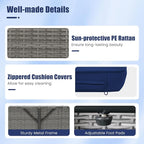 LDAILY Moccha Outdoor Daybed, Wicker Loveseat Sofa Set with 4-Postion Adjustable Backrest, Storage Ottoman, Cushions, Rattan Double Bed Lounger, Patio Furniture Set (Mixed Gray+Navy)