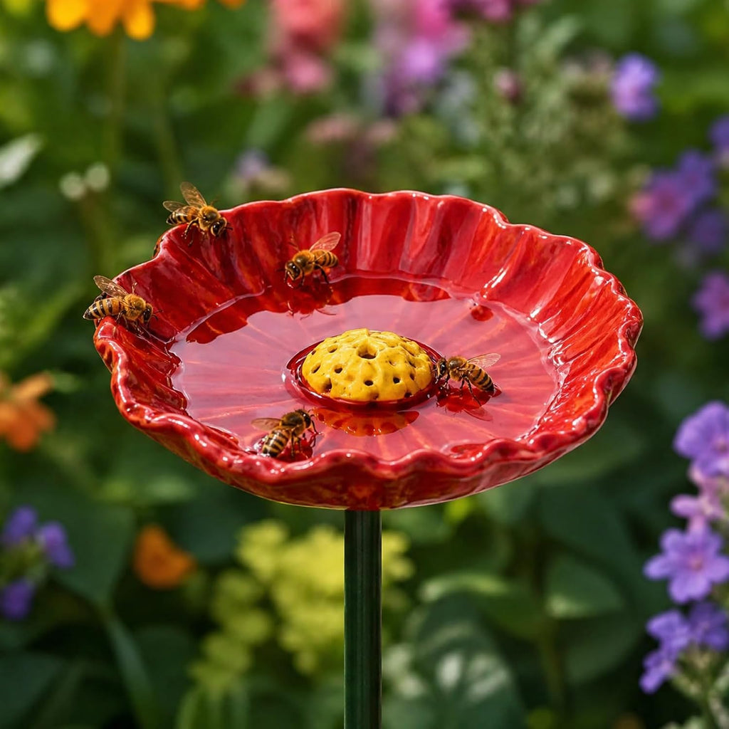 Ceramic Bee Watering Station for Garden, Handmade Flower Shaped Bird Bath with Stake, Outdoor Pollinator Feeder Cups for Wild Birds, Butterflies & Squirrels, Decorative Plant Pot Water Bowl (Red)