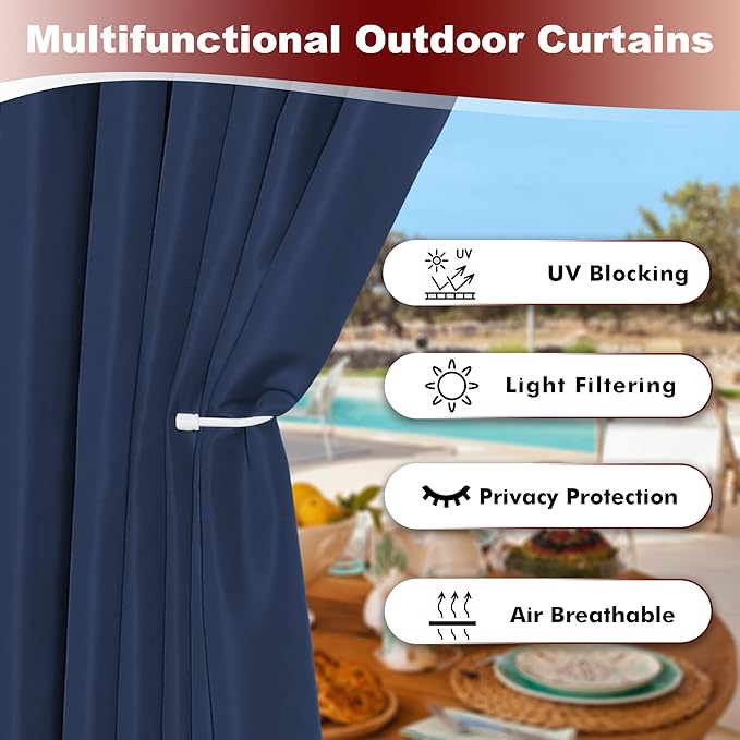 HolidayIdeas Grommet Outdoor Curtains for Patio Waterproof 8 Pcs All Weather Balcony Outside Curtains for Apartments, Gazebo, Pergolas, Porch, 54x108 Inch, Navy