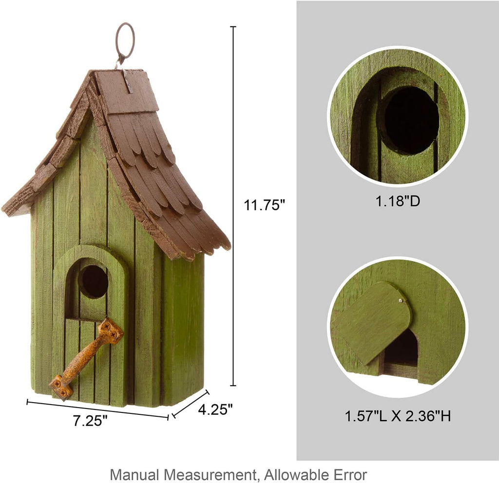 Glitzhome Birdhouses for Outdoors, Green Hand Painted Garden Wooden Bird House with Single Roof Hanging Bird House for Outside