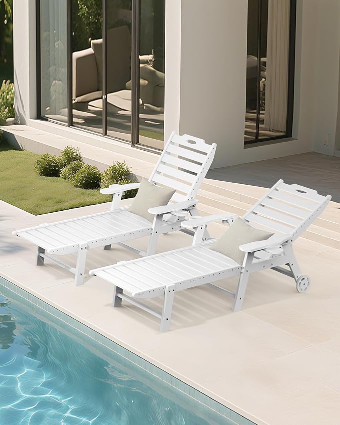 Carauci Lounge Chair Outdoor, HDPE Chaise Lounge with Wheels, 5-Position Adjustable Backrest & 2 Cup Holders Patio Lounge Chair, All-Weather Pool Sun Lounger for Poolside, Backyard, White