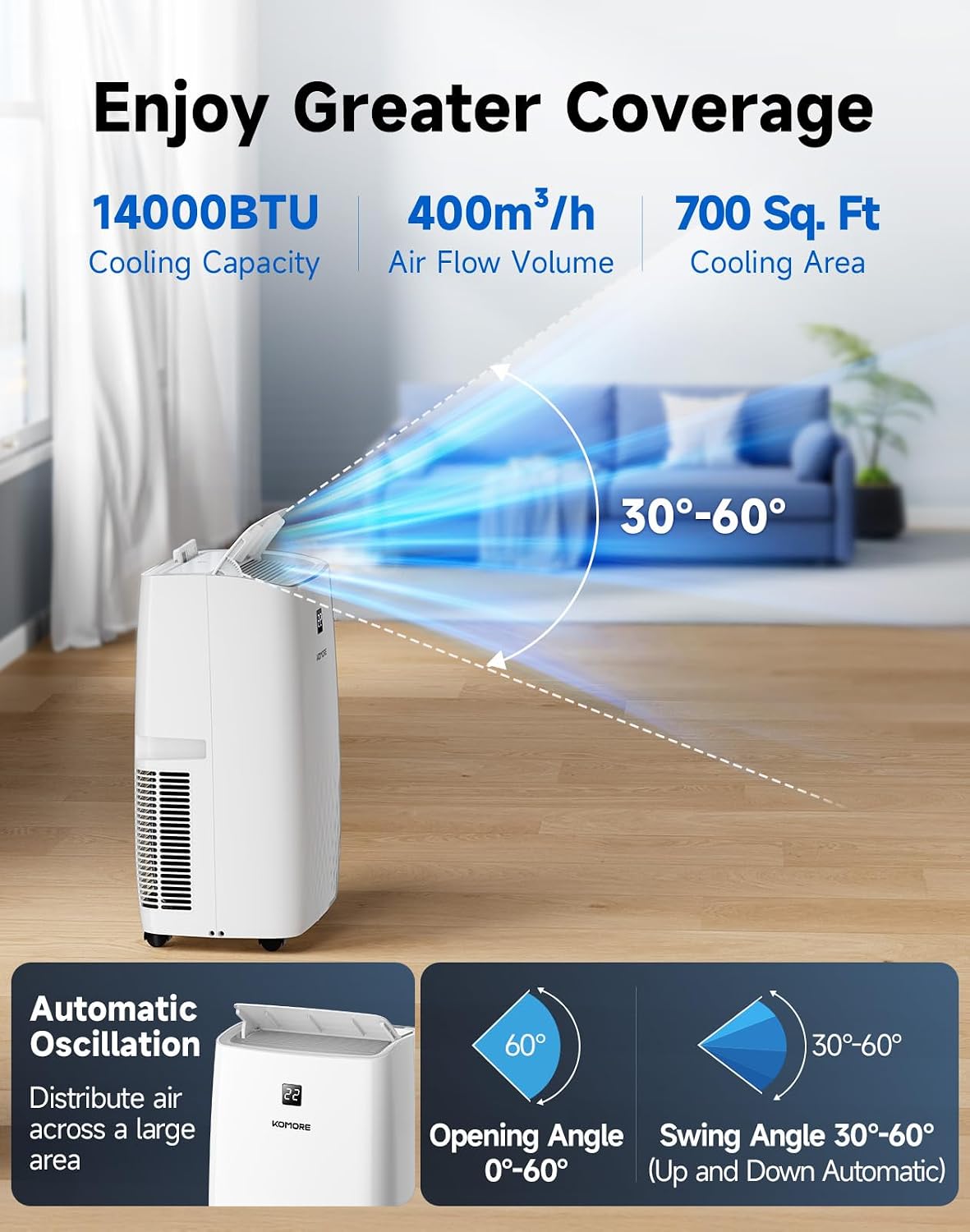 portable air conditioner,14000 btu up to 750 sq.ft showing dimensions