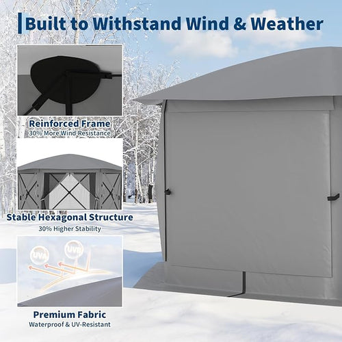 11.5x11.5FT 6-Sided Pop Up Gazebo Tent，One-Push Setup Canopy Tent with Mesh Panels & Removable Wind Cloths, Outdoor shelter for Camping, Backyard Parties, Outdoor Events - Grey