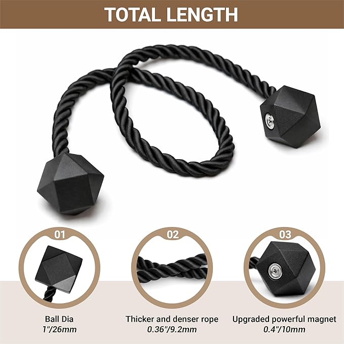 Hion Magnetic Curtain Tiebacks Black 6 Pack, Curtain Tiebacks Buckles Holdbacks Holders Hooks Clip for Home Bedroom Office Decorative Thick or Thin Curtain