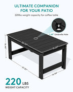 SERWALL Outdoor Coffee Table with 9FT Umbrella, HDPE Patio Coffee Table for Outside, Rectangle, Black(Not Include Umbrella Base)