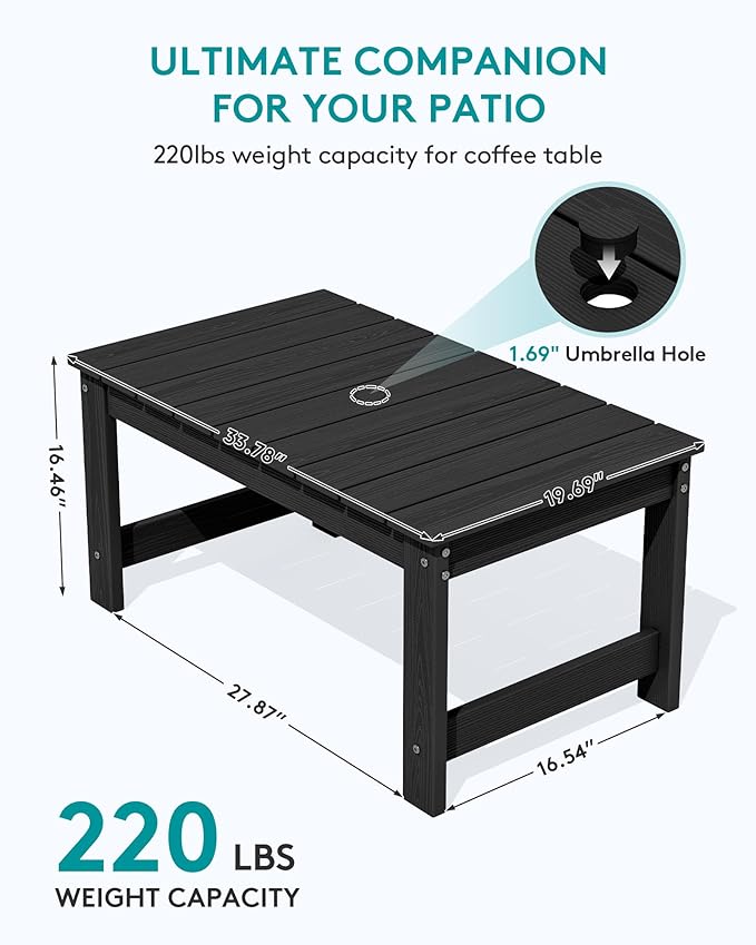 SERWALL Outdoor Coffee Table with 9FT Umbrella, HDPE Patio Coffee Table for Outside, Rectangle, Black(Not Include Umbrella Base)