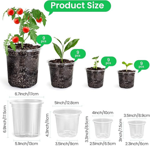 36 Packs 7/5/4/3.5 Inch Reinforced Clear Nursery Pots with Drainage Hole, Transparent Variety Pack Plastic Plant Pot Seedling Planter for Vegetable Propagation, Root Cutting, Seed Starting